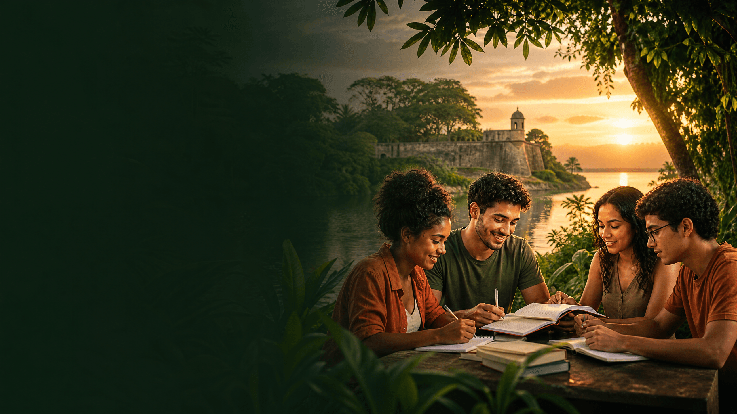 Estudantes reunidos ao ar livre, estudando juntos à beira do rio em Macapá, com um forte ao fundo durante o pôr do sol.